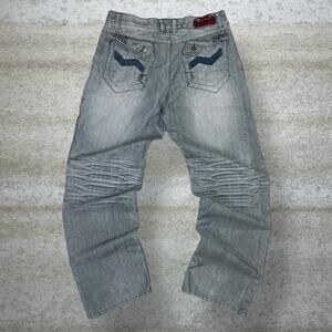 Vintage Skater Wide Leg Jeans Shams Metallic Grey Wash Baggy Embroidered Y2K
